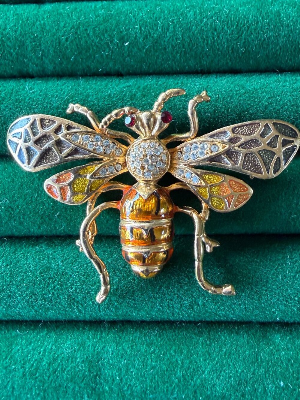 Vintage Gold Tone Bee Brooch with Multi-Color Enamel & Rhinestones